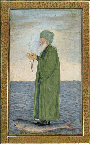 , Moslem symbolic art shows the Saint, Al Khizr, dressed in a green ...