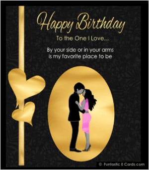 Happy birthday wishes with image of adoring couple, hearts of gold and ...
