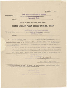 World War 1 Picture - Claim of Appeal for conscientious objector ...