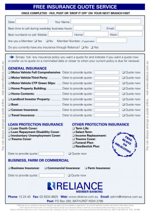 Insurance Quote Sheet Form