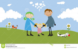 Happy family spending time outdoors.cartoon illustration no gradients.
