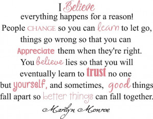 Marilyn Monroe Quote I believe Things happen for a reason Vinyl ...