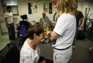 Multiple sclerosis patient Sue Sutton (L) embraces Dare, a two-legged ...