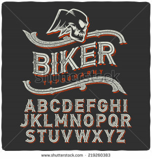 Biker style dirty letters alphabet with wings skull emblem. Dark ...