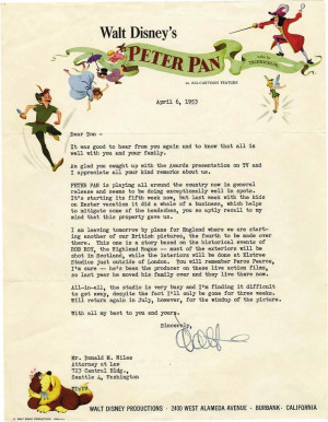 Letter from Walt Disney on Peter Pan letterhead
