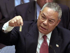 Colin Powell holding up a vial of anthrax at the U.N. in 2003