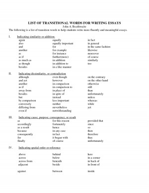 Transition List for AP Essays - LIST OF TRANSITIONAL WORDS FOR by ...