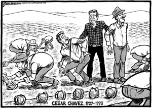 Cartoon demonstrating harshness of migrant farm workers.