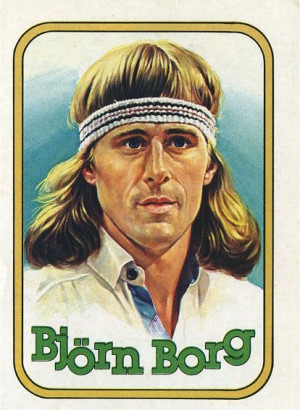 ... the side, dressed in a Bjorn Borg-style tennis outfit with a headband