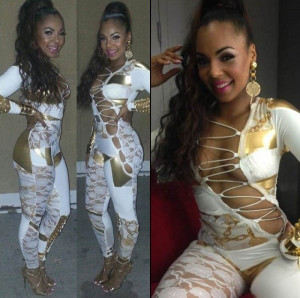 ... “Never Should Have” Worn This Ratchet White and Gold Catsuit