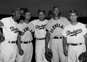 Black players on the Brooklyn Dodgers and Cleveland Indians teams pose ...