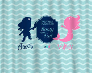 Pirate & Mermaid Shared Shower Curtain -Hot Pink, Navy, Sea Blue and ...