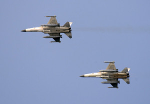 Two of Taiwan's fighter jets fly in the Taiwan Strait during a drill ...