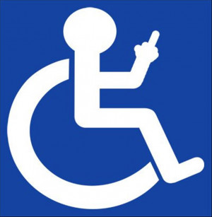 White wheelchair symbol on blue background, with offensive hand ...