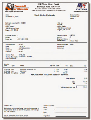 ... toyota forklift forklift repair , service quote , workorder estimate