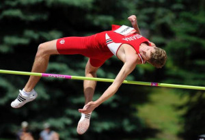 the bar down during the men's high jump final at the Canadian Track ...
