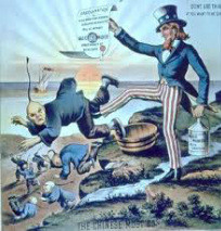 Uncle Sam (U.S.) giving the Chinese a boot to the pants