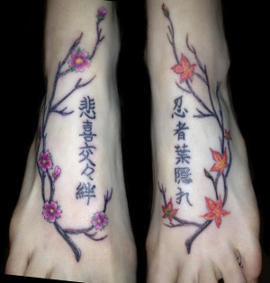 japanese trees and kanji foot tattoo 25