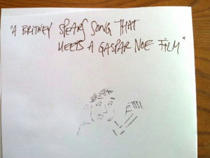 My drawing of Harmony Korine and a quote by him.