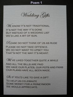 ... personalised wedding gift poem verse cards politely asking for money