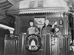 Winston Churchill and Harry Truman aboard a train to Fulton, Missouri ...