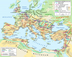 map of the Roman Empire and Europe in 125 CE, at the time of Roman ...