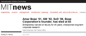 Amar Bose ’51, SM ’52, ScD ’56, a former member of the MIT ...