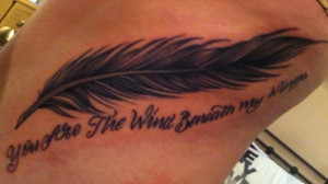 Feather Tattoo On Foot With Quote