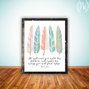 ... decor feathers, inspirational quote birds Psalm 91:4 INSTANT DOWNLOAD