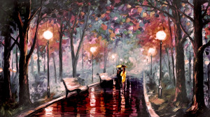 Drawing of a couple on a rainy day holding yellow umbrella