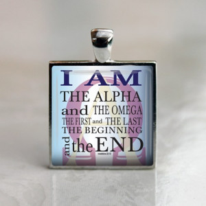 Bible Quote Alpha and Omega Glass Tile Pendant Necklace Blue