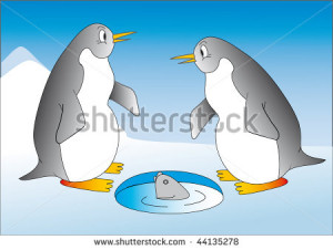 Two funny penguin trying to catch fish