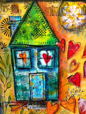 Made with acrylics, polymer clay, gelli plate paper collaged house and ...