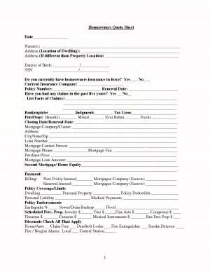 Homeowners Quote Sheet Date Name s Address Location of Dwelling