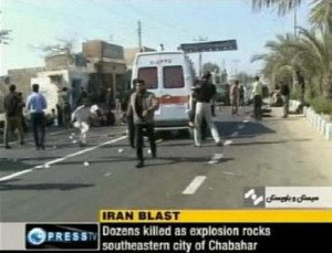 The aftermath of an explosion outside a mosque in Iran's southeastern ...