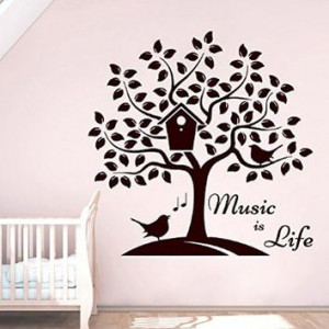 Wall Decals Music is Life Quote Musical Notes Tree Bird Nesting Box ...