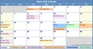 March Calendar With Holidays