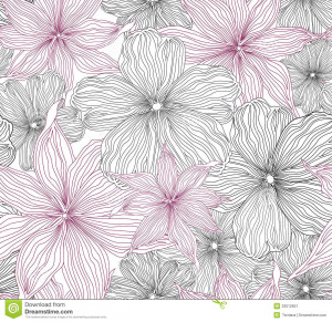 floral seamless background. Line pink, white and black graphic drawing