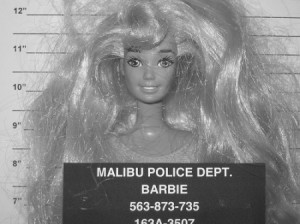 barbie, black and white, doll, funny, malibu, mugshot, police
