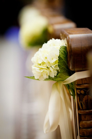 Single hydrangea bloom with a single shoe tie satin bow on wedding ...
