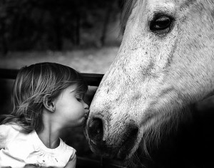 black and white, cute, girl, horse, kiss, love