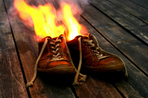 running shoes on fire