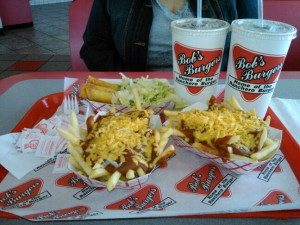 Albuquerque Bob's Burgers- red chili cheese fries and a taquito boat ...