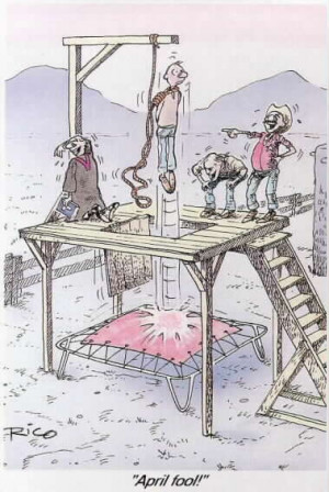 Funny cartoon of a prank execution on 1 April fools day