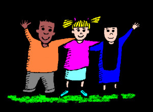 Drawing of three children in a row with their arms around the shoulder ...