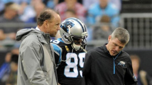 Carolina Panthers' Steve Smith (89) is helped off the field after