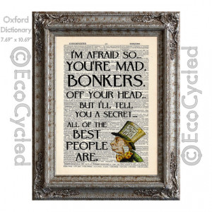 Mad Hatter Bonkers Quote on Vintage Upcycled Dictionary Art Print Book ...