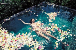 bath, down by the water, float, floating, flower, flowers, girl ...