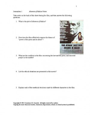 Get worksheets for the following movies: Absence of Malice; All the ...