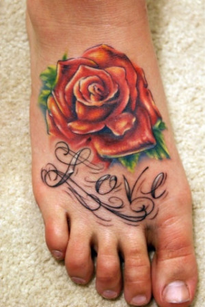 home tattoos on feet red rose and love quote tattoo on feet